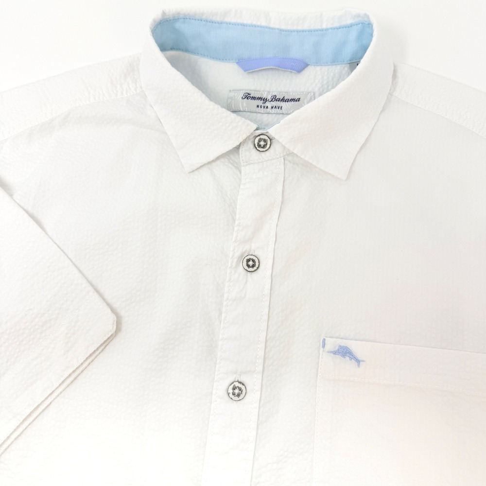 Tommy Bahama Nova Wave Mens White Seersucker Short Sleeve Button Shirt Medium
